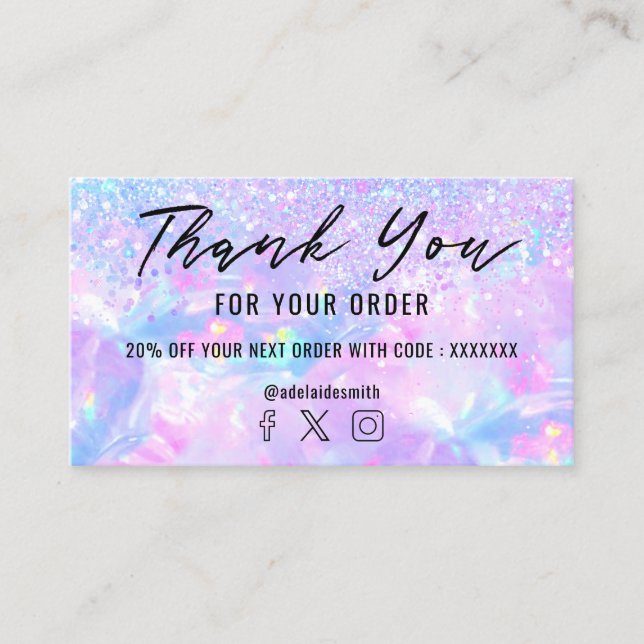purple opal gemstone faux glitter thank you business card (Front)