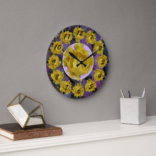 Purple opuntia cactus with cut out yellow flowers large clock