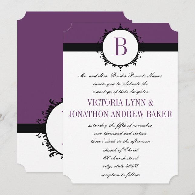 Purple or Any Colour Monogram Wedding Invitation (Front/Back)