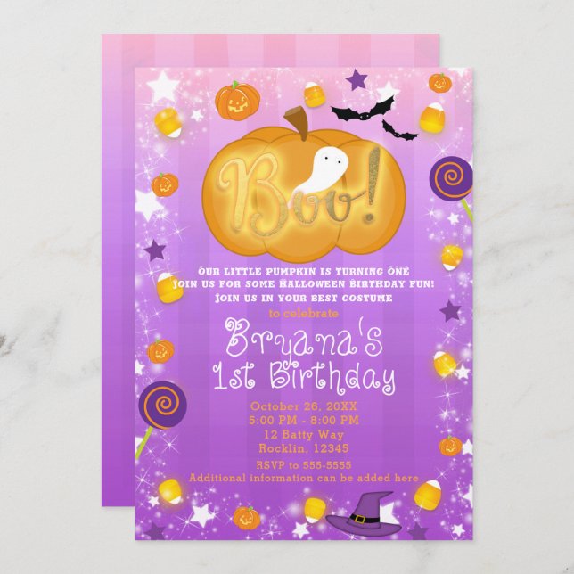 Purple & Orange 1st Birthday Halloween Party Invitation (Front/Back)
