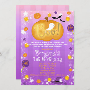 Purple & Orange 1st Birthday Halloween Party Invitation