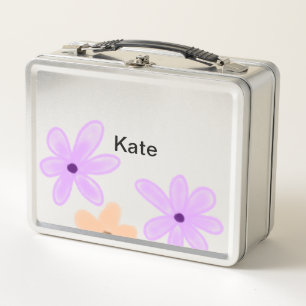 Purple orange abst floral watercolor add name text metal lunch box