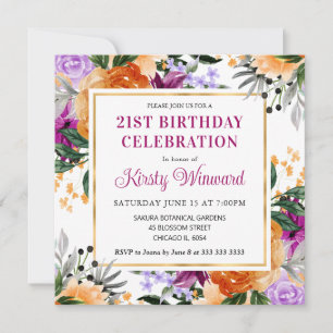 Purple, Orange and Black Flowers Birthday Invitation