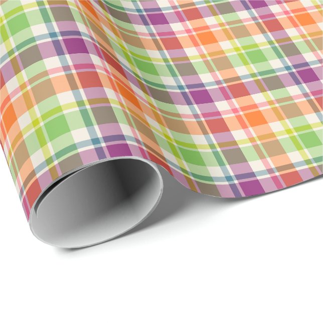 Purple, Orange and Lime Green Plaid Pattern Wrapping Paper (Roll Corner)