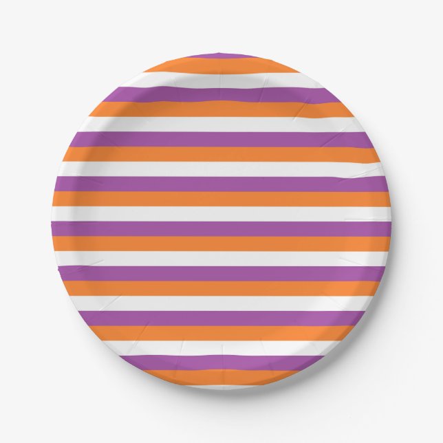 Purple, Orange and White Stripes Paper Plate (Front)