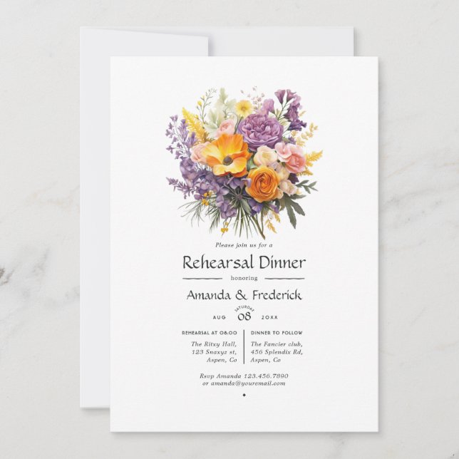 Purple, Orange, and Yellow Floral Rehearsal Dinner Invitation (Front)