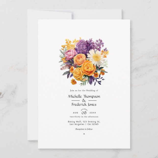 Purple, Orange, and Yellow Floral Wedding QR Code Invitation (Front)