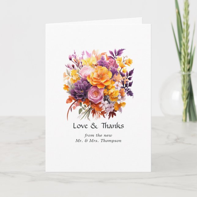 Purple, Orange, and Yellow Floral Wedding Thank You Card (Front)