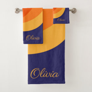 Purple orange and yellow retro diagonal waves  bath towel set