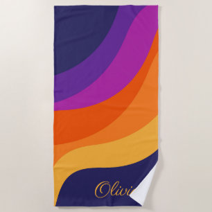Purple orange and yellow retro diagonal waves  beach towel