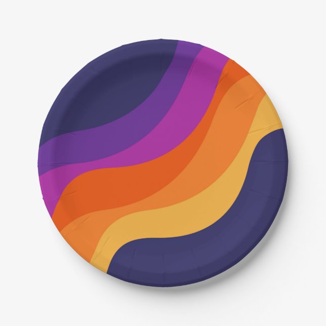 Purple orange and yellow retro diagonal waves  paper plate (Front)