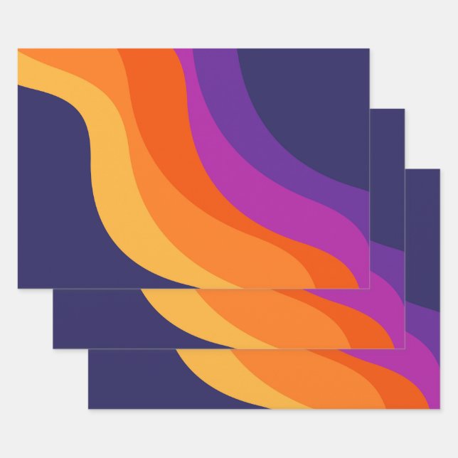 Purple orange and yellow retro diagonal waves  wrapping paper sheet (Set)