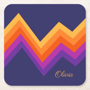 Purple, orange and yellow retro zigzag design square paper coaster