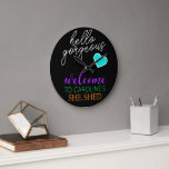 Purple Orange Aqua White Retro She Shed Welcome Large Clock<br><div class="desc">Beautiful contemporary retro wall art clock with bright orange, purple, lime green, aqua turquoise blue, and white coloured Hello Gorgeous, Welcome to My She Shed typography and calligraphy script lettering design on a black background. With the option to customise or personalise with a name or text of your choice. Excellent...</div>