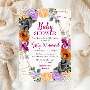 Purple Orange Black Flowers Frame Baby Shower Invitation