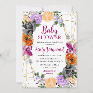 Purple Orange Black Flowers Frame Baby Shower Invitation