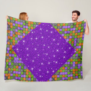 PURPLE ORANGE BLACK GREEN HALLOWEEN CUBE PATTERN FLEECE BLANKET