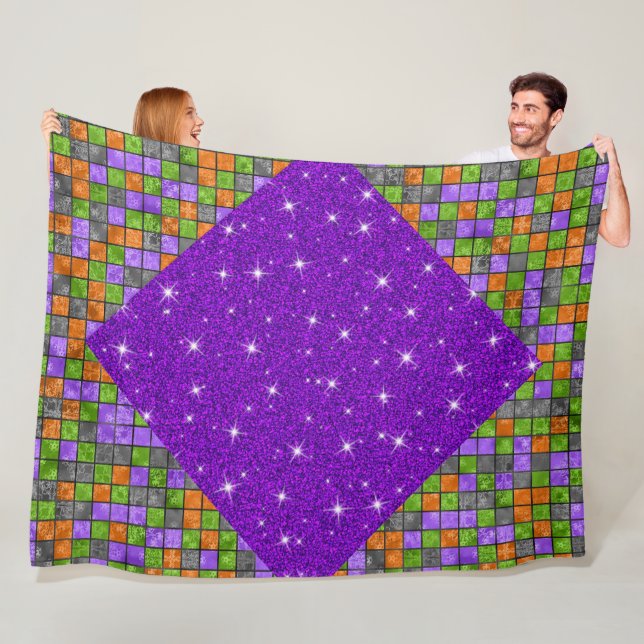 PURPLE ORANGE BLACK GREEN HALLOWEEN CUBE PATTERN FLEECE BLANKET (In Situ)