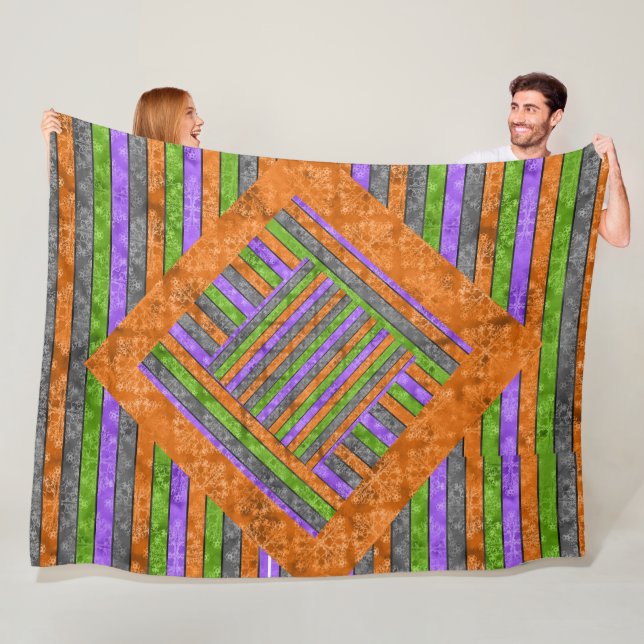 PURPLE ORANGE BLACK GREEN HALLOWEEN STRIPES FLEECE BLANKET (In Situ)