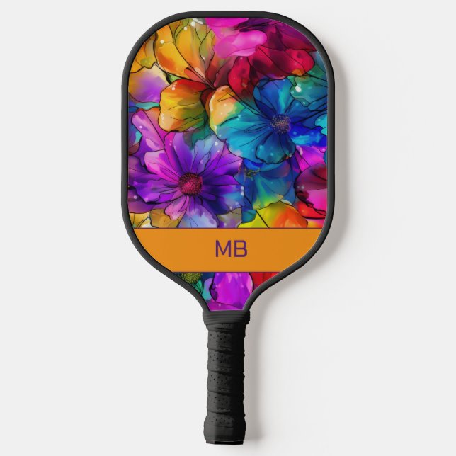 Purple Orange Blue Alcohol Ink Floral Monogram Pickleball Paddle (Back)