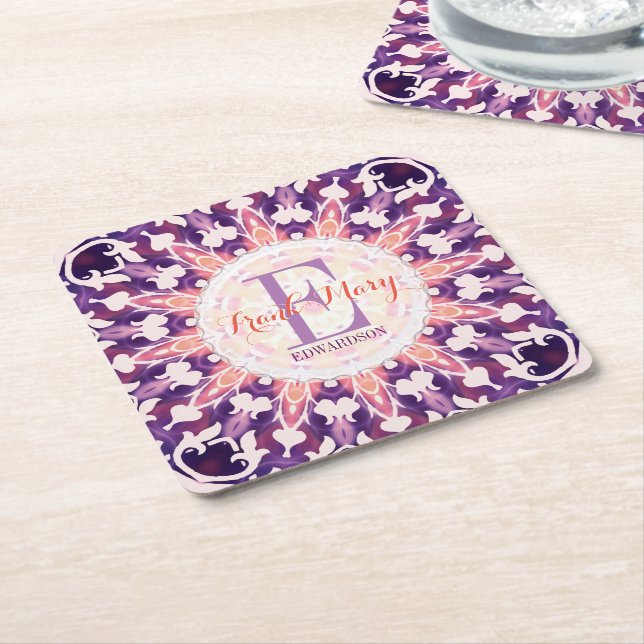 Purple Orange Bluebell Sun Monogram Paper Coasters (Angled)