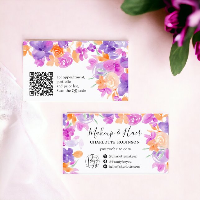 Purple Orange Boho flowers floral makeup hair Business Card (Purple Orange Boho flowers floral makeup hair Business Card)