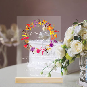 Purple Orange Boho Wildflower Foliage Wedding Acrylic Invitations