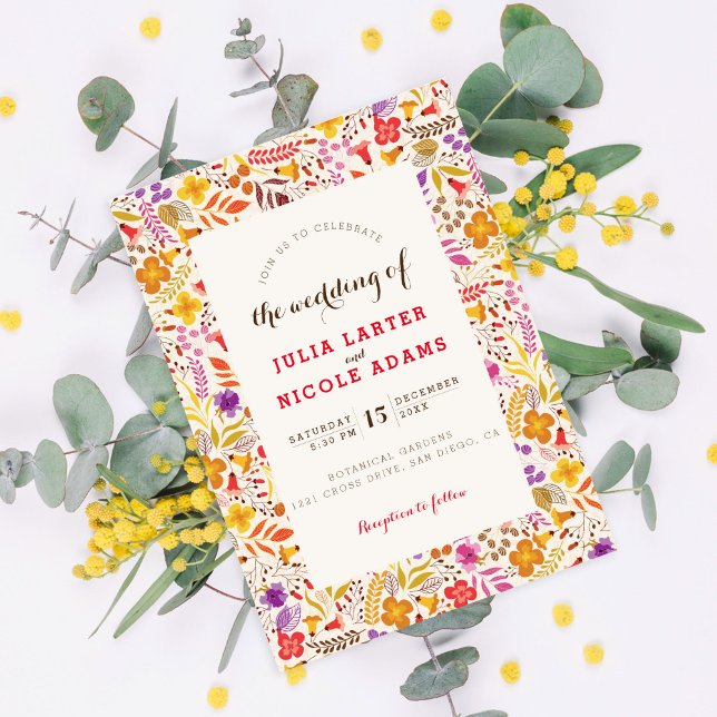Purple Orange Boho Wildflower Foliage Wedding Invitation (Creator Uploaded)
