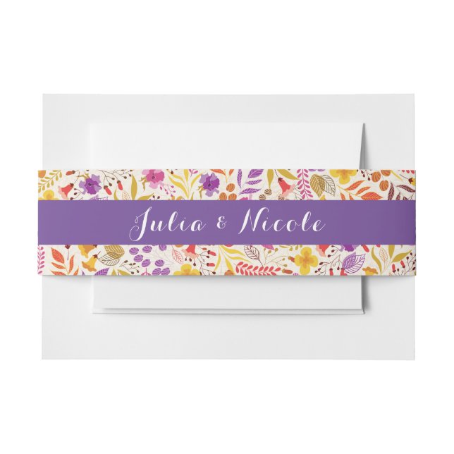 Purple Orange Boho Wildflower Foliage Wedding Invitation Belly Band (Front Example)