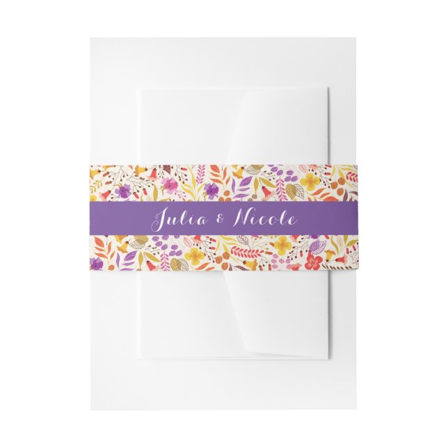 Purple Orange Boho Wildflower Foliage Wedding Invitation Belly Band (Front Example)