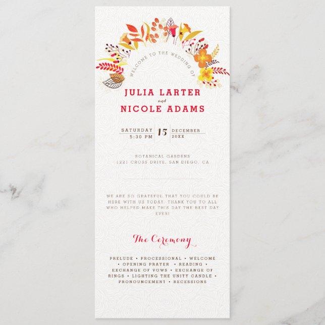 Purple Orange Boho Wildflower Foliage Wedding Program (Front)