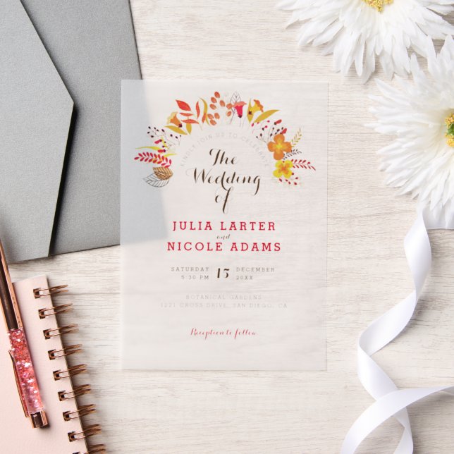 Purple Orange Boho Wildflower Foliage Wedding Vellum Invitations (Wedding)