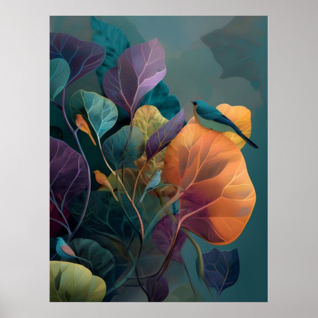 Purple Orange Botanical Birds Wall Poster Descript (Front)