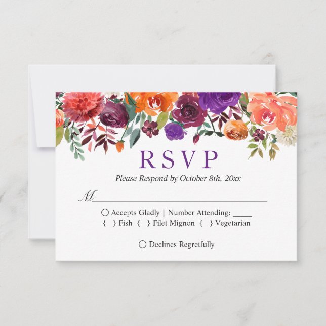 Purple Orange Burgundy Floral Fall Wedding RSVP Card (Front)