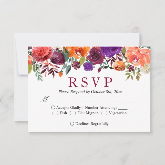 Purple Orange Burgundy Floral Wedding RSVP (Front)
