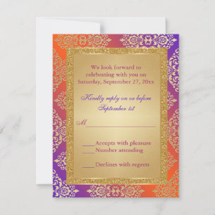Purple Orange FAUX Gold Glitter, Damask RSVP Card