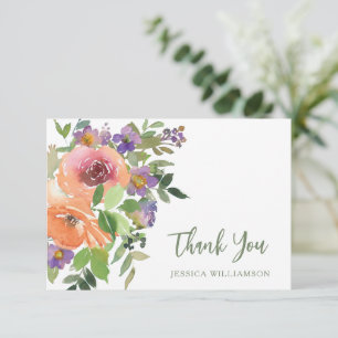 Purple Orange Floral Custom Bridal Shower Flat Thank You Card