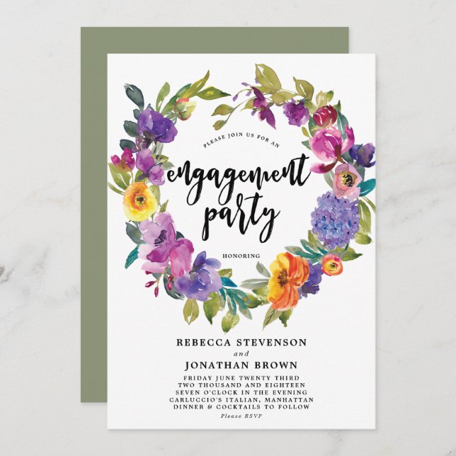 purple orange floral engagement party invitation (Front/Back)