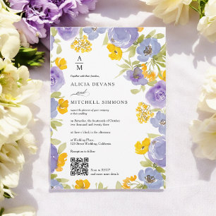 Purple orange Floral monogram Qr photo wedding Invitation