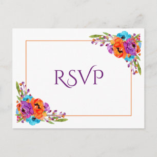 Purple Orange Floral Watercolor Wedding RSVP Invitation Postcard