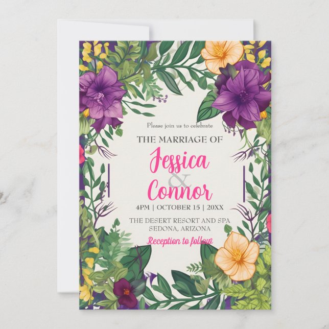 Purple Orange Floral Wedding Leaves Vibrant Colour Invitation (Front)