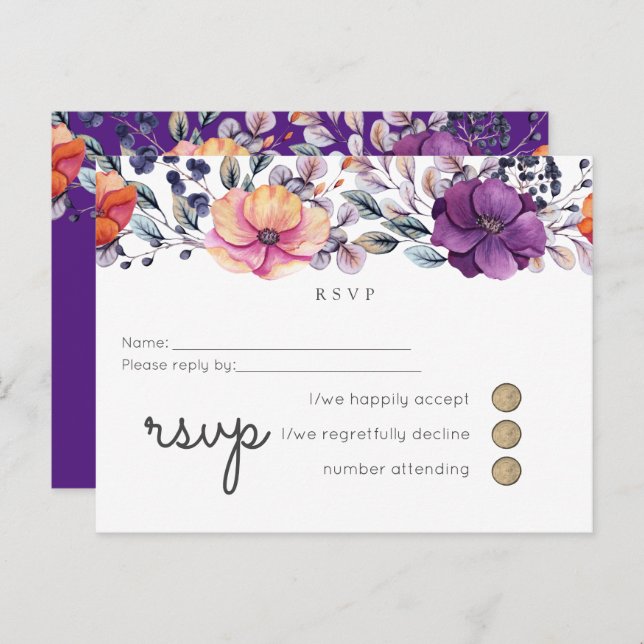 Purple Orange Floral Wedding RSVP Invitation Postcard (Front/Back)