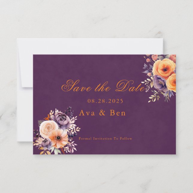 Purple Orange Floral Wedding Save The Date Cards (Front)