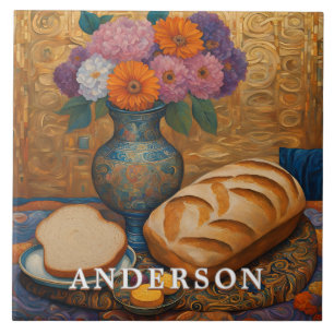 Purple Orange Flower Vase Still Life Ceramic Tile