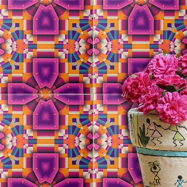 Purple Orange Funky Cool Kaleidoscope Mosaic Ceramic Tile (Creator Uploaded)