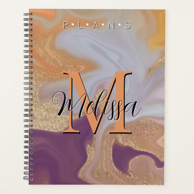 Purple Orange Gold Monogram Abstract Planner (Front)