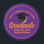 Purple Orange Graduate Custom 2024 Graduation Magnet<br><div class="desc">This modern purple and orange custom senior graduate magnet features your high school or college name for the class of 2024. Customise with your graduating year under the chic handwritten script and black grad cap for a great personalised graduation party keepsake gift.</div>