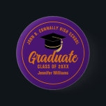Purple Orange Graduate Custom Graduation Name Tag 6 Cm Round Badge<br><div class="desc">This modern purple and orange custom senior graduate button features classy white typography of your high school or college name for the class of 2025. Customise with your graduating year under the chic black handwritten script and black grad cap for a great personalised graduation name tag for a party or...</div>