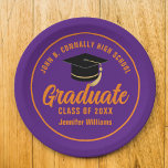 Purple Orange Graduate Custom Graduation Party Paper Plate<br><div class="desc">This modern purple and orange custom graduation party paper plate features typography of your high school or college name for the class of 2024. Customise with your graduating year under the chic handwritten script and black grad cap for a great personalised graduate decor.</div>