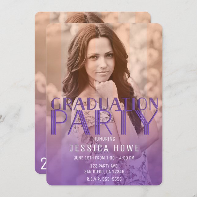 Purple Orange Graduation Party Graduate Photo Invitation (Front/Back)